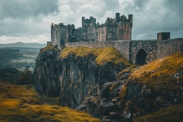 Fototapeta premium Historic stone castle perched on rugged cliffs under an overcast sky in the Scottish Highlands