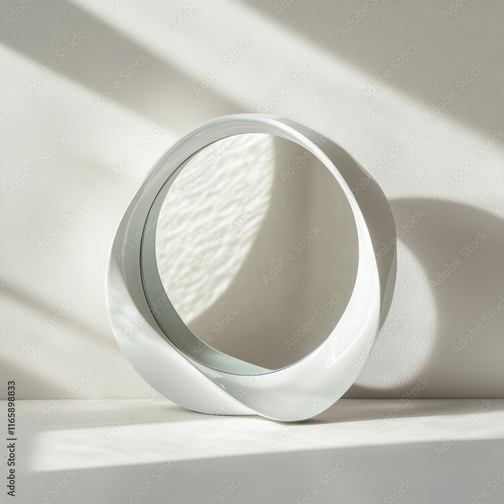 Poster small 3d circular mirror with a reflective glass and smooth white frame, casting soft shadows in the