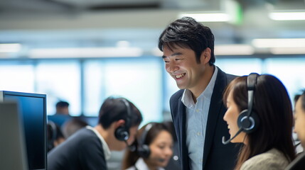 Obraz premium コールセンターの男性マネージャーの様子の画像