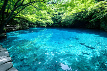 Vibrant Blue Pond, Lush Green Trees, Nature Photo