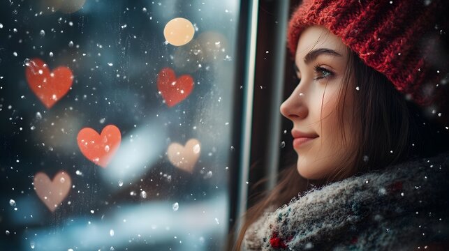 Portrait of a Woman Gazing Out a Snowy Window with Hearts and Snowflakes in the Background