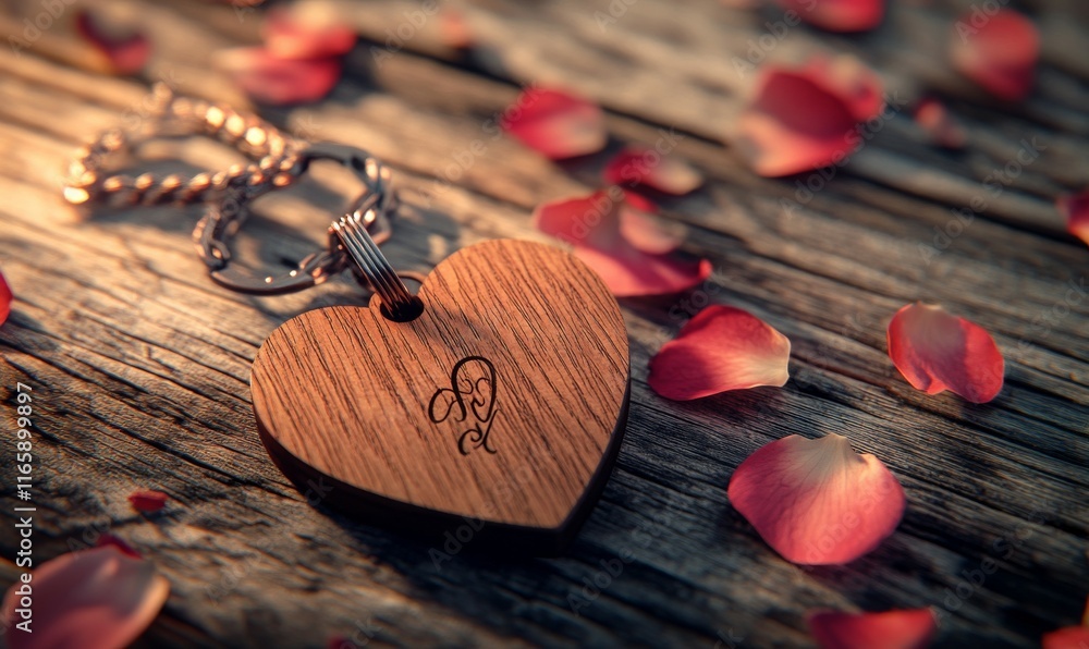 Poster Heart-shaped wooden keychain engraved with initials, placed on a rustic wooden table with scattered petals and soft light