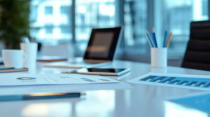 ミーティング中に休憩のため無人となった会議室の画像