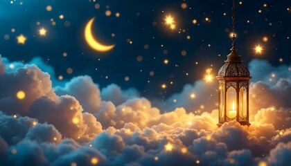 Ramadan night sky, glowing golden crescent moon and stars, ornate hanging lantern with candle decoration, Islamic holiday background