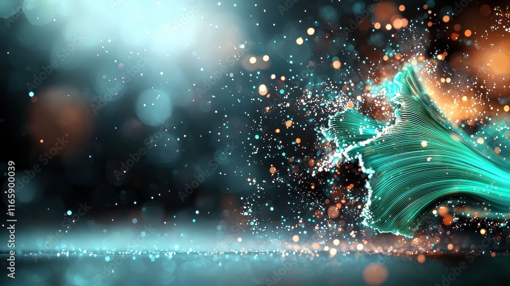 Poster a vibrant splash of teal and orange particles against a soft-focus background, creating a dynamic, a