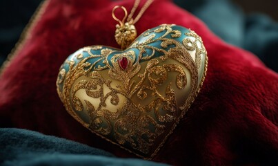 Ornate gold heart ornament adorned with intricate filigree designs, resting on a velvet cushion,