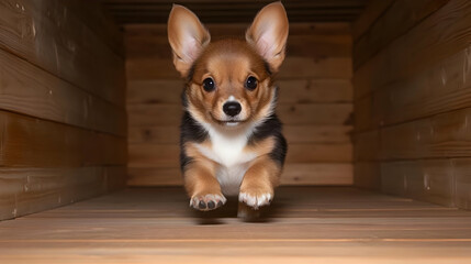 Adorable Puppy Running Wooden Illustration