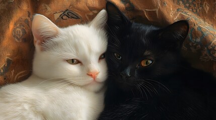 Two cute cats, one is white and the other black, laying on top of each other in love