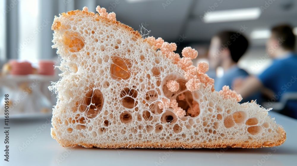 Poster a close-up view of a slice of bread showcasing its airy texture and honeycomb structure, with blurre