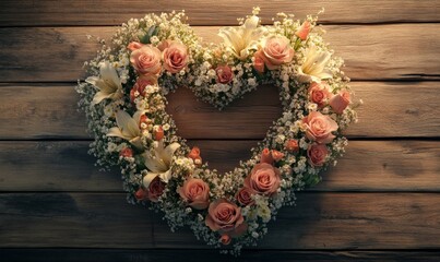 Intricate floral arrangement in the shape of a heart, blending roses, lilies, and baby's breath, resting on a wooden table,