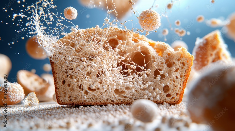 Poster a close-up of a loaf of bread, showing its porous texture, surrounded by flying grains and particles