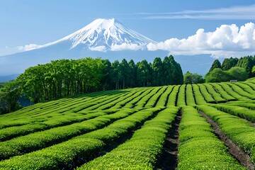 Mt. Fuji and tea plantation with blue sky background, Japan