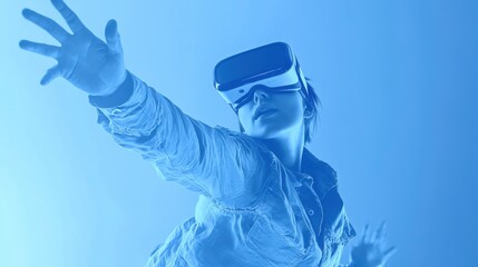 Futuristic Person Wearing VR Glasses in Blue Light