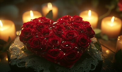 Obraz premium Heart-shaped red roses arrangement with sparkling dew, surrounded by soft candlelight and delicate lace ribbons, glowing in romantic ambiance,