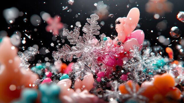 A vibrant, abstract representation featuring colorful shapes, bubbles, and a snowflake on a dark background, creating a magical and whimsical atmosphere.
