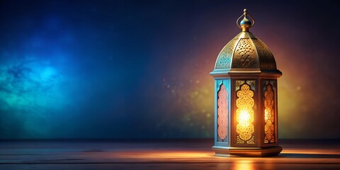 Fototapeta premium 3d illustration of Ramadan lantern right side blank. 3d Islamic Ramadan concept background with decorated lanterns and clouds on the right side of the scene with empty space for text on the left side.