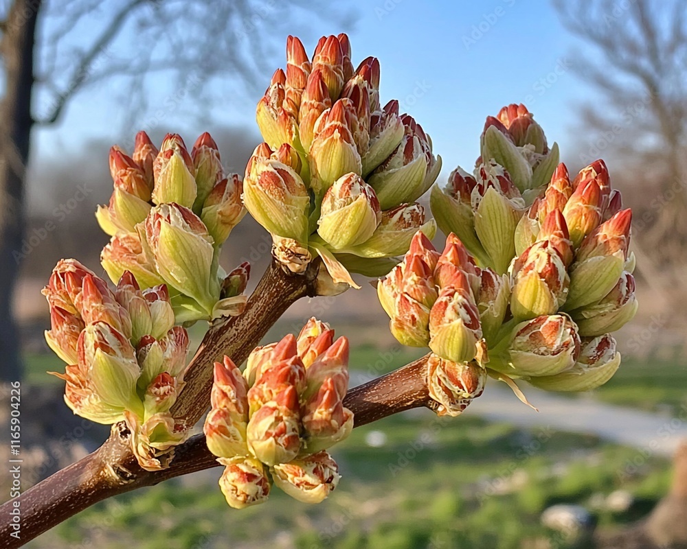 Poster close-up of red and green buds on a tree branch in spring.
