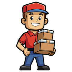 Courier Holding a Stack of Parcels Cheerful and Friendly - Variation 1, Isolated on White Background