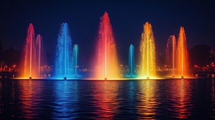 Colorful water fountains at night reflecting on a still pond.