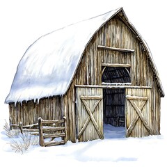 A Watercolor Painting of a Rustic Wooden Barn Covered in Snow.