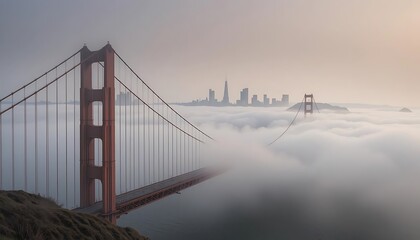 Fototapeta premium A foggy morning in San Francisco, USA, with the Golden Gate Bridge shrouded in mist and the city skyline peeking through the clouds.