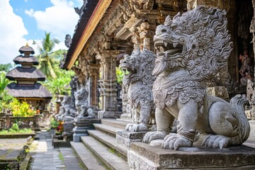 Fototapeta premium Traditional stone lions guard the entrance of a Balinese temple surrounded by lush greenery and blue sky