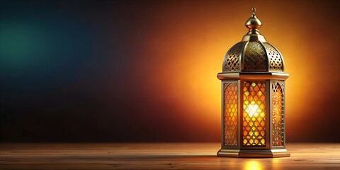 3d illustration of Ramadan lantern right side blank. 3d Islamic Ramadan concept background with decorated lanterns and clouds on the right side of the scene with empty space for text on the left side.