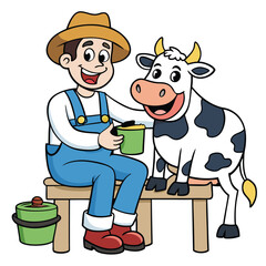 Farmer Sitting on a Stool Milking a Cow Cheerful, Isolated on White Background