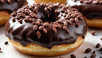 A detailed view of a chocolate-coated donut adorned with cocoa nibs, in honor of National Chocolate Covered Anything Day