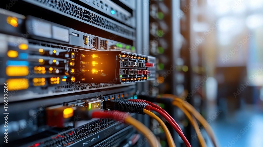 Poster data center operations it infrastructure server management technology environment close-up view digi