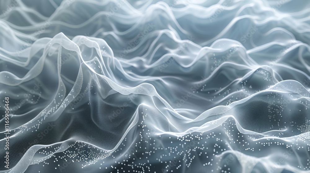 Poster a close-up view of flowing translucent fabric with sparkling particles, soft background, concept of 