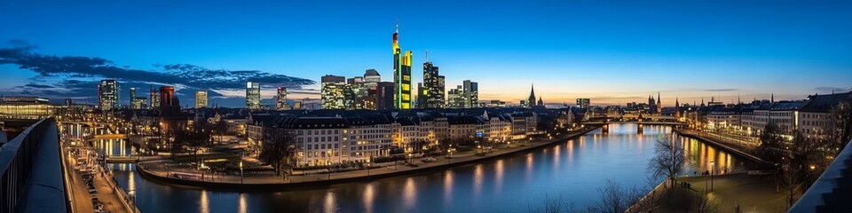 Panoramic View of Frankfurt Skyline at Night with Illuminated Buildings and Lit Riverfronts