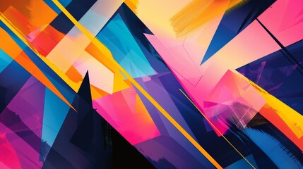 Vibrant hues blend with geometric shapes and artistic brushstrokes, creating a dynamic abstract composition ideal for wallpapers