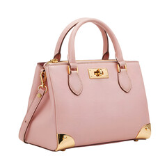 A designer handbag in pastel pink with metallic accents. png isolated background. transparent background.