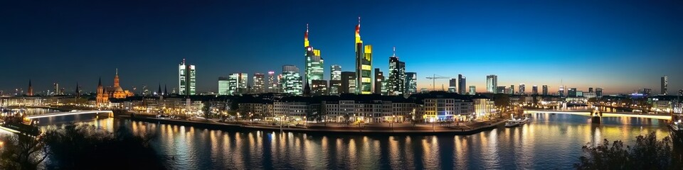 Obraz premium Panoramic View of Frankfurt Skyline at Night with Illuminated Buildings and Lit Riverfronts