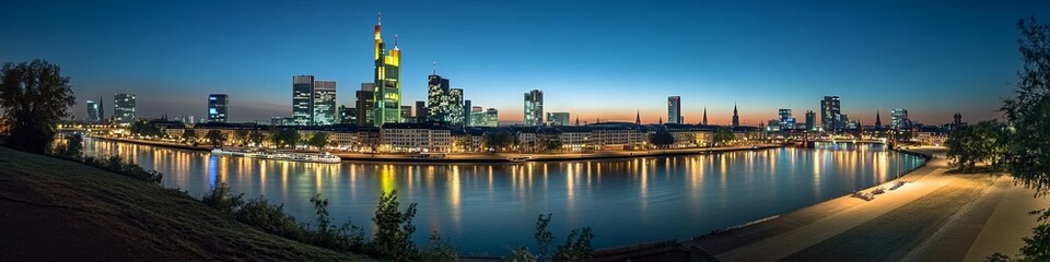 Obraz premium Panoramic View of Frankfurt Skyline at Night with Illuminated Buildings and Lit Riverfronts