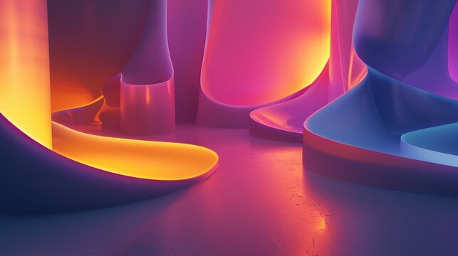 Glowing neon lights illuminate abstract futuristic shapes, creating a vibrant and dynamic scene, perfect for a wallpaper