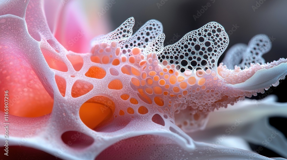Poster a close-up image of a delicate, textured surface featuring soft colors, bubbles, and intricate patte