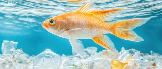 Fototapeta premium A goldfish swims gracefully among pieces of plastic debris, highlighting concerns about marine pollution and its impact on aquatic life.