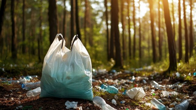 A plastic bag filled with waste sits amidst scattered trash in a sunlit forest, highlighting environmental pollution and the need for conservation.