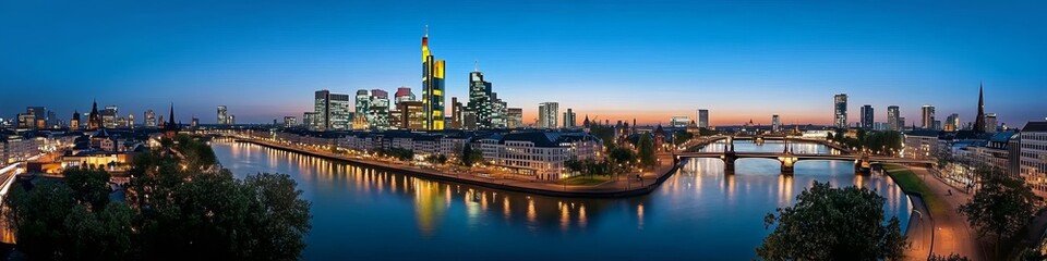 Panoramic View of Frankfurt Skyline at Night with Illuminated Buildings and Lit Riverfronts