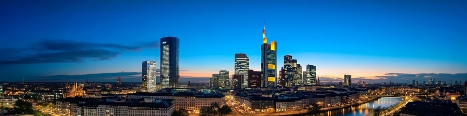 Fototapeta premium Panoramic View of Frankfurt Skyline at Night with Illuminated Buildings and Lit Riverfronts