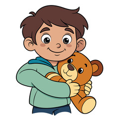 A kid hugging a teddy bear tightly, cheerful expression, isolated on white background.