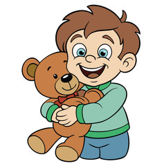 A kid hugging a teddy bear tightly, cheerful expression, isolated on white background.