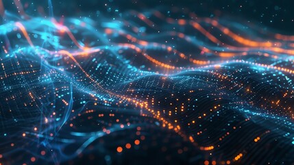 Obraz premium Wavy surface formed by glowing particles creating an abstract digital landscape, perfect as a wallpaper