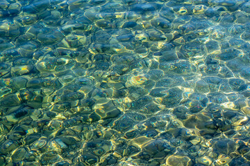 Close up abstract view of teal water, shallow, ripples with pebbles and rocks