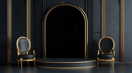 Elegant black and gold interior scene featuring two ornate chairs and a circular arch, perfect for a luxurious setting.