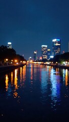 Fototapeta premium Blurred cityscape lights, Chao Phraya River reflection, glow, muted, landscape