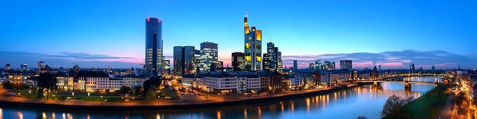 Obraz premium Panoramic View of Frankfurt Skyline at Night with Illuminated Buildings and Lit Riverfronts