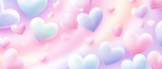 A whimsical pastel background filled with various colorful hearts, creating a dreamy and romantic atmosphere.